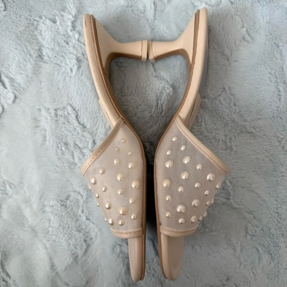 Dolce Vita Pearl-Studded Cream Slide Heels